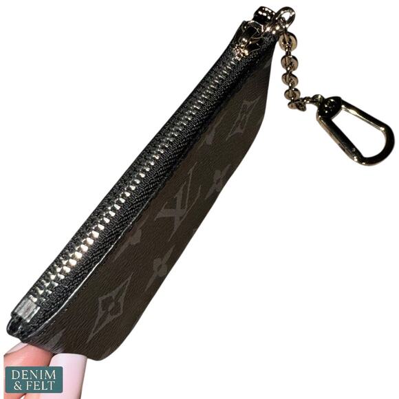Louis Vuitton Monogram Canvas Key Pouch Coin Card Holder Chain Black~Grey - Picture 6 of 11